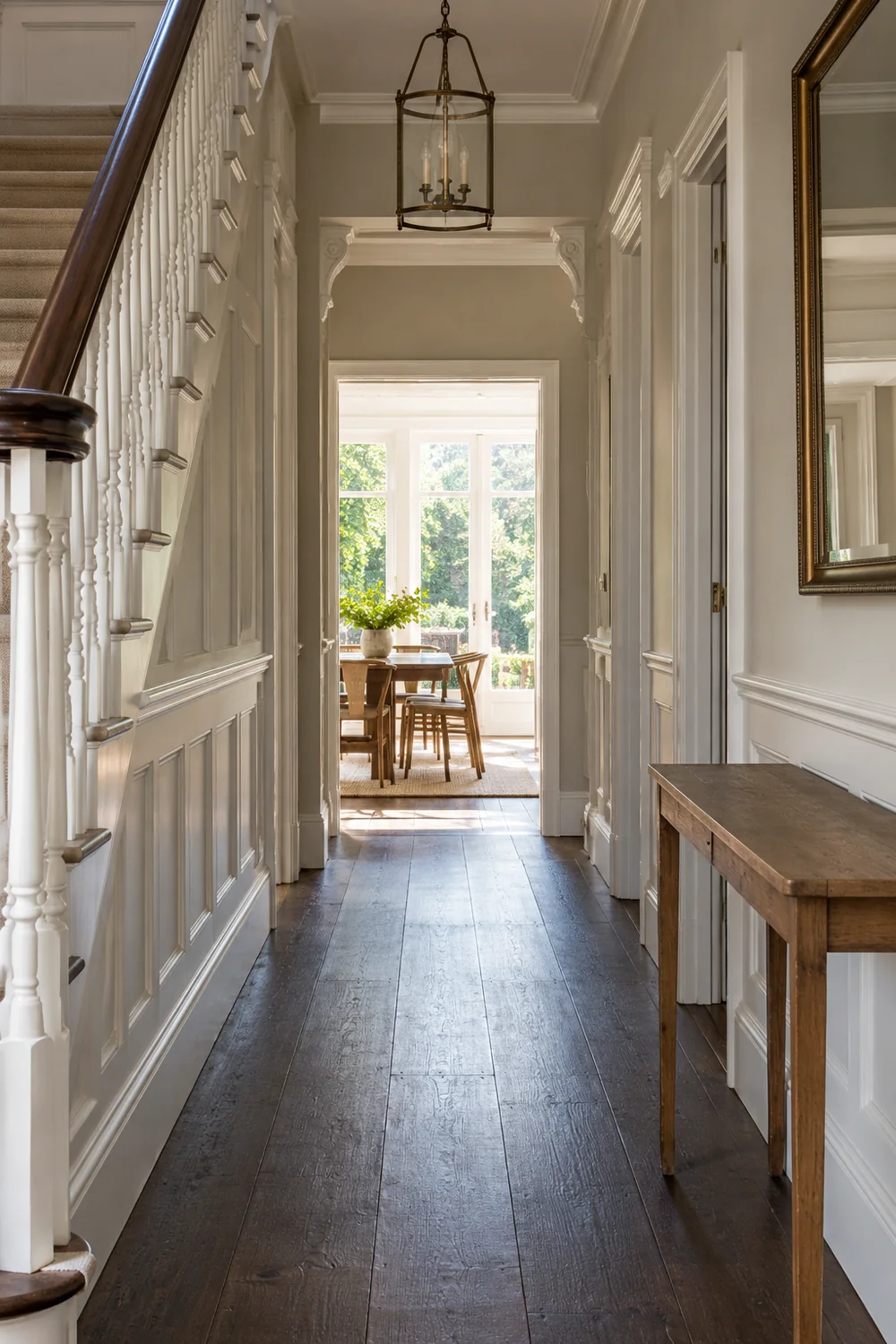 Period hallway with timber stairs and an empty console