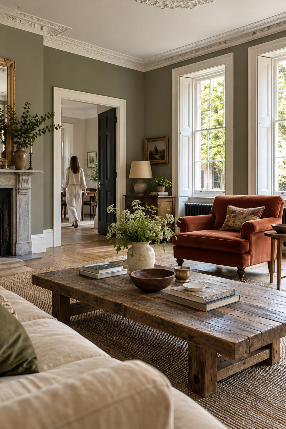 Period living room with a rust armchair and a person in a distant doorway