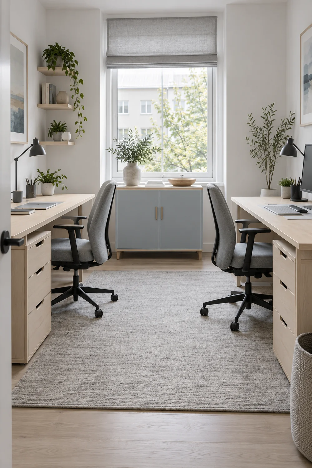 Personal drawers and shared storage accessible from two office desks
