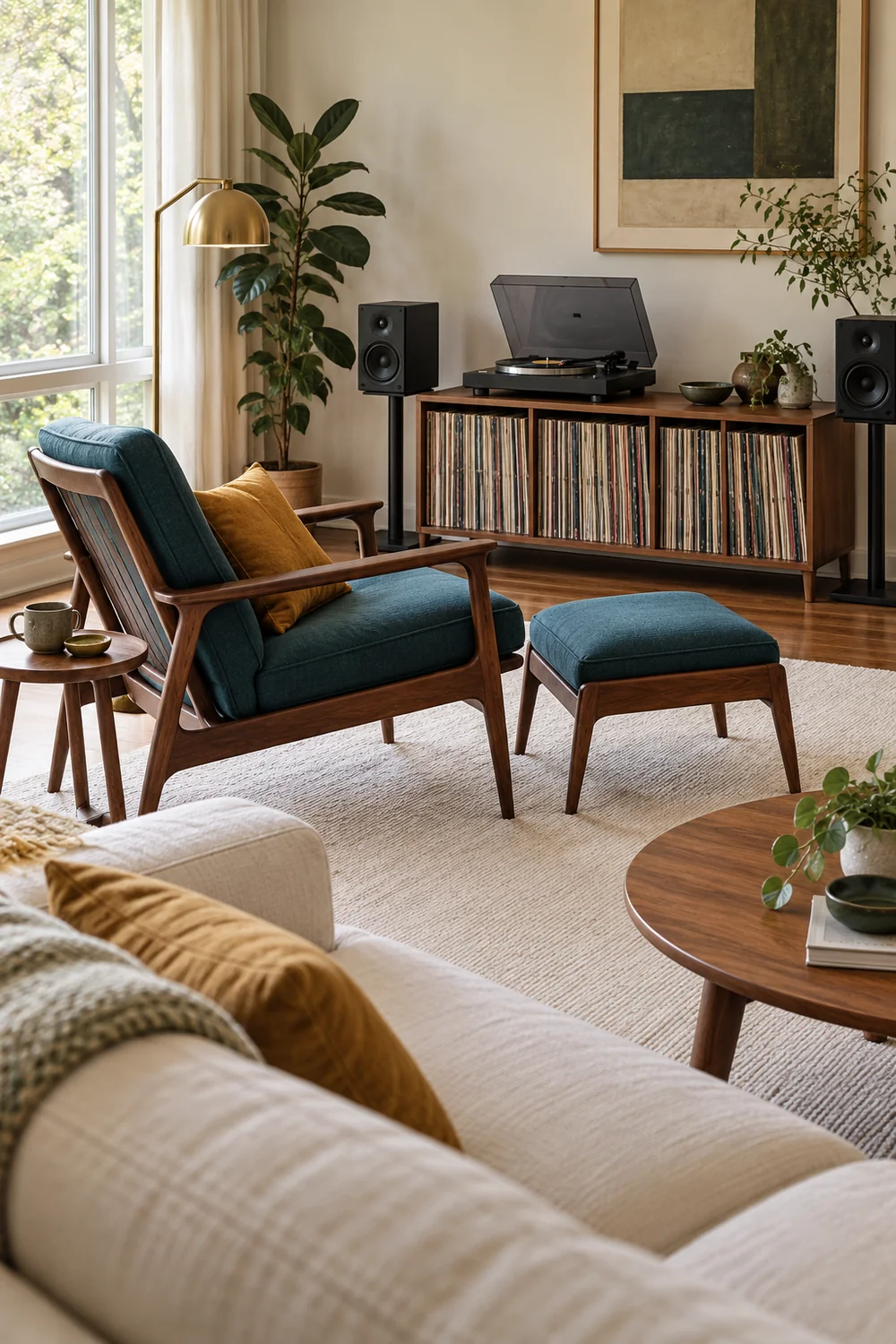 Petrol chair and matching footstool facing a walnut record cabinet