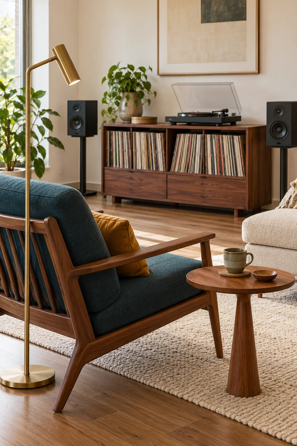 Petrol listening chair with a brass lamp and a separate teak side table