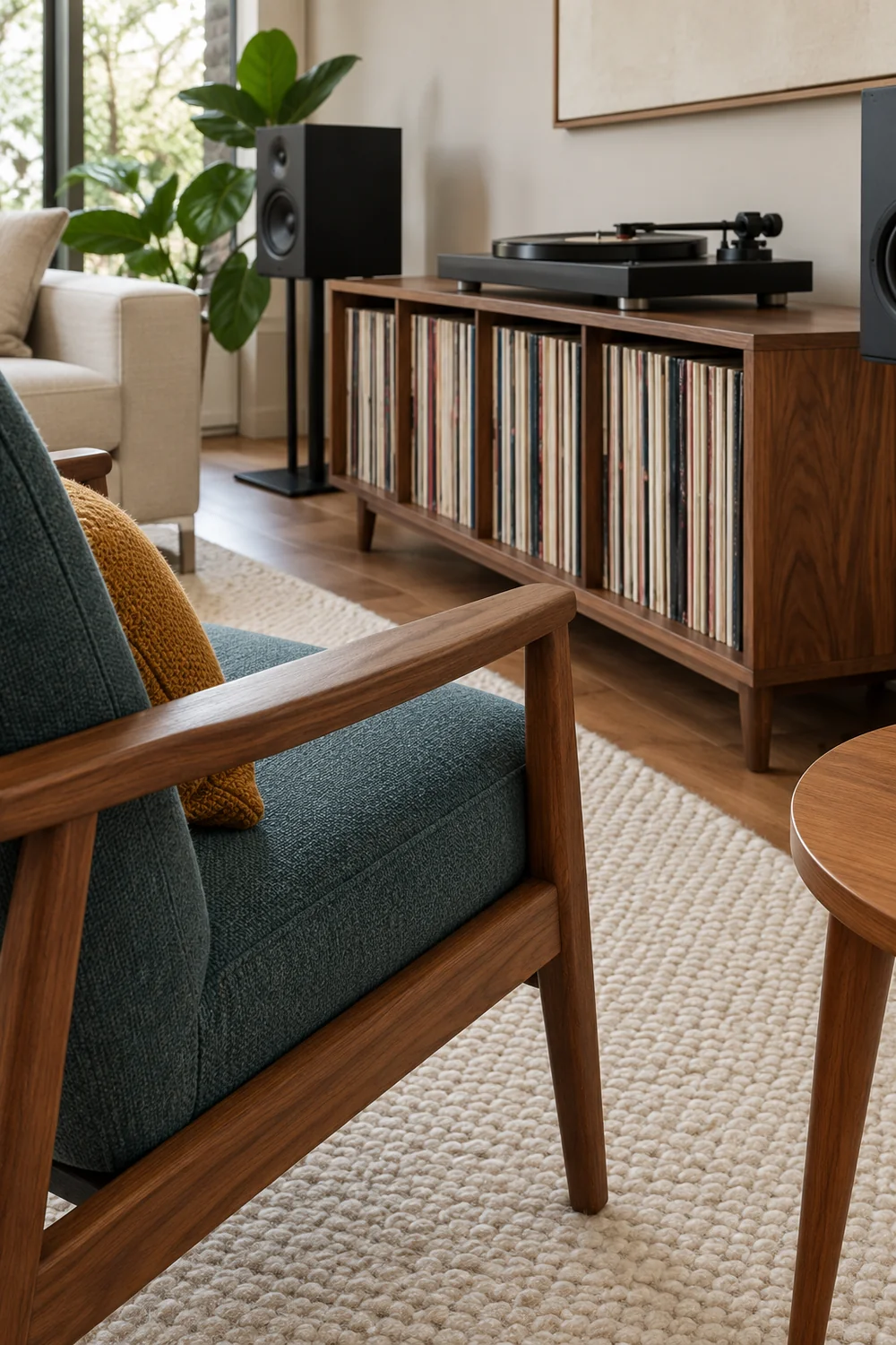 Petrol upholstery and a walnut chair frame beside a cream wool rug