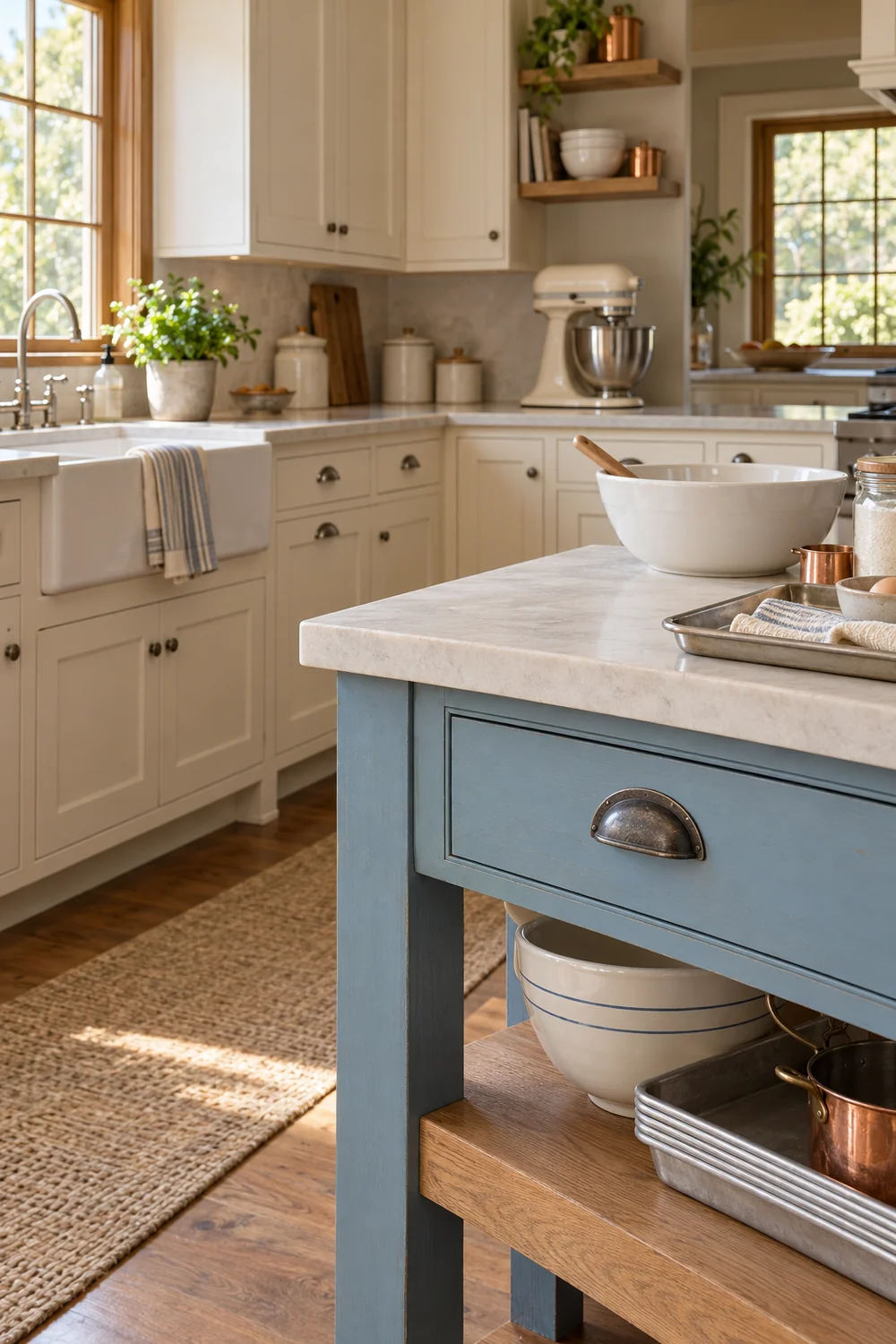 Pewter cup handle on a blue kitchen table beside oak shelving and white bowls