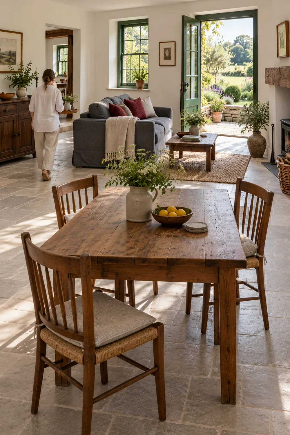 Pine dining table and chairs with a linen clothed adult in the cottage background