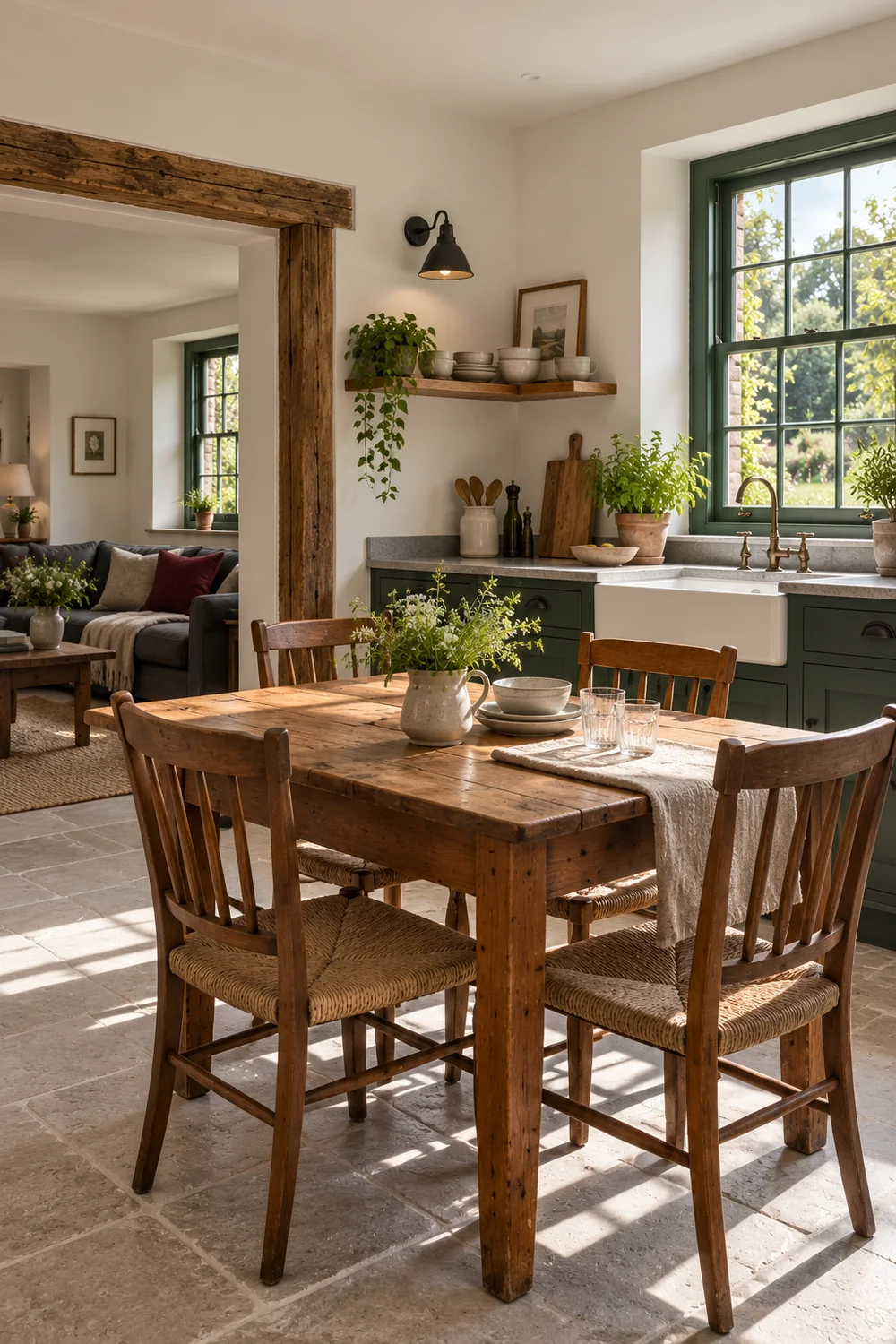 Pine dining table beside green kitchen cabinets and an adjoining sitting room
