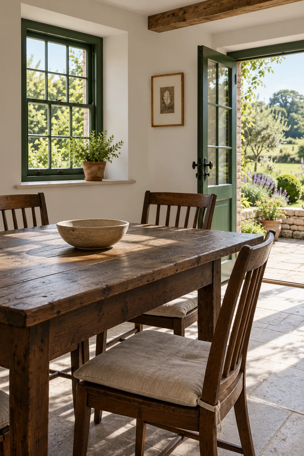 Pine dining tabletop and ceramic bowl beside a green cottage window
