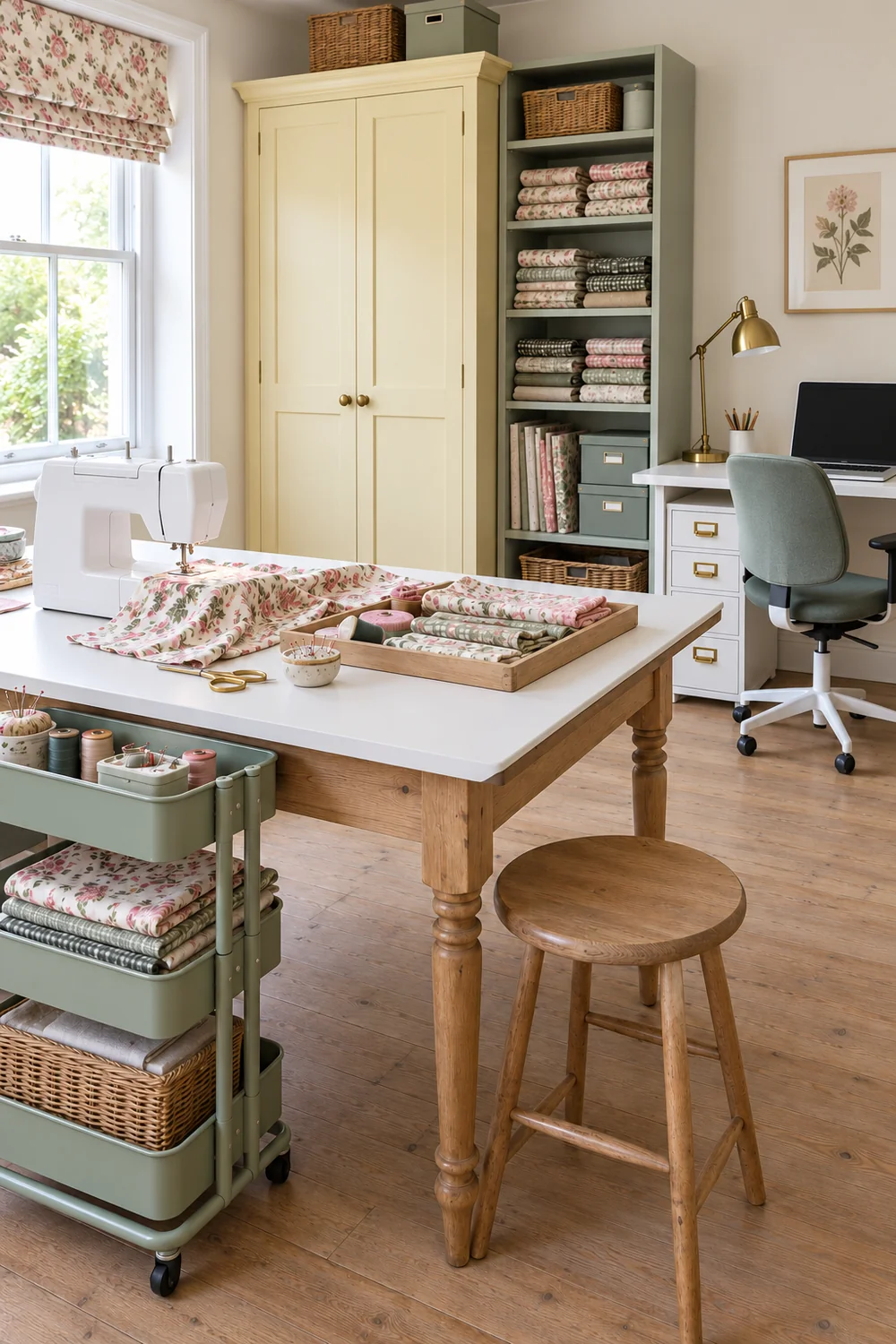 Pine sewing table with a project tray and a sage trolley beside an office desk