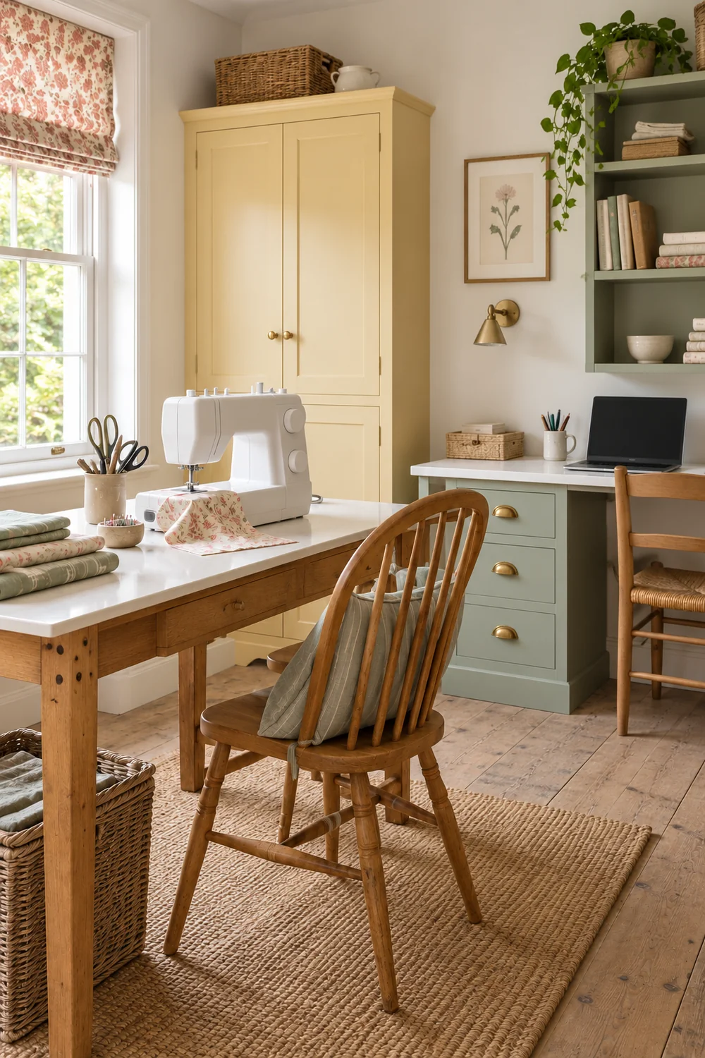 Pine sewing table with a white worktop and a separate sage computer desk