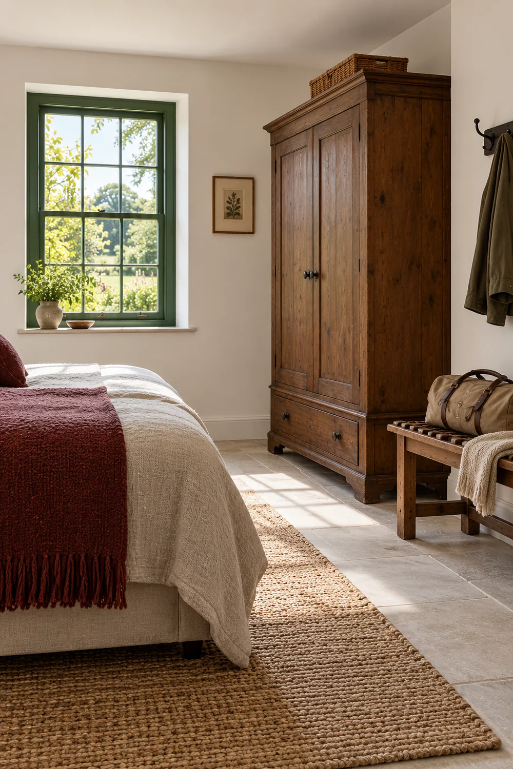 Pine wardrobe and luggage bench beside the foot of a cottage bed