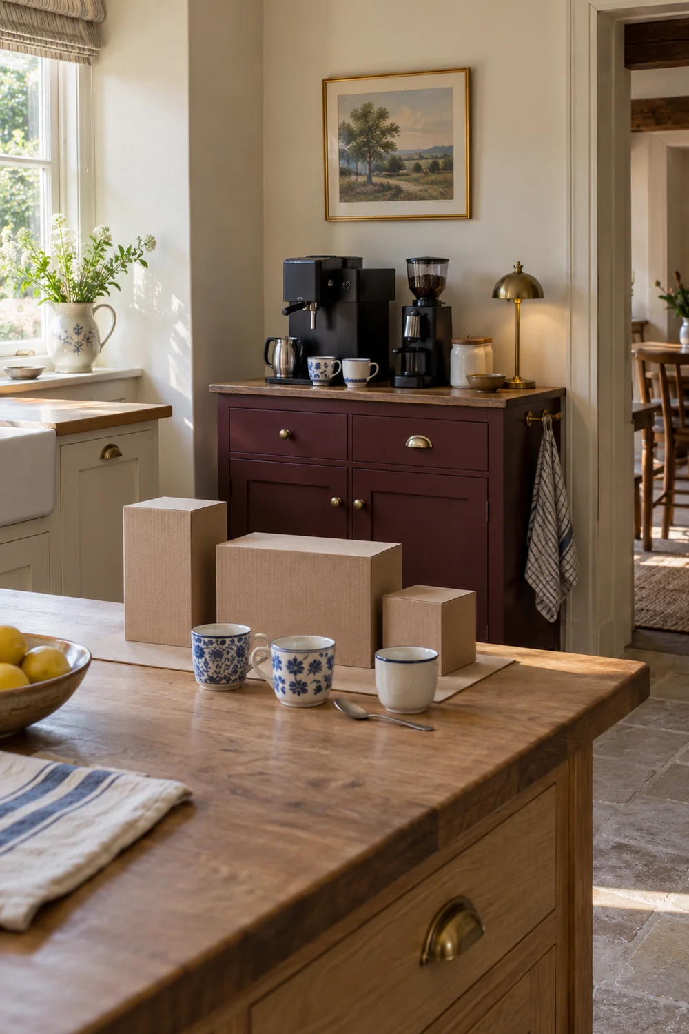 Plain cardboard blocks and three cups on a kitchen island beside a coffee cabinet
