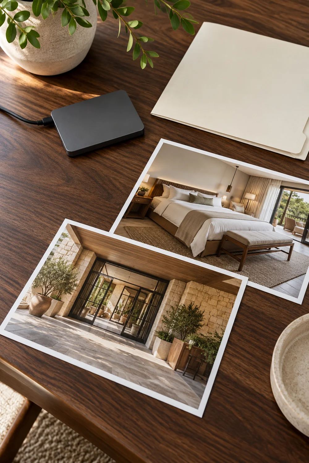 Portable drive beside a cream folder and two hotel photographs on a walnut desk
