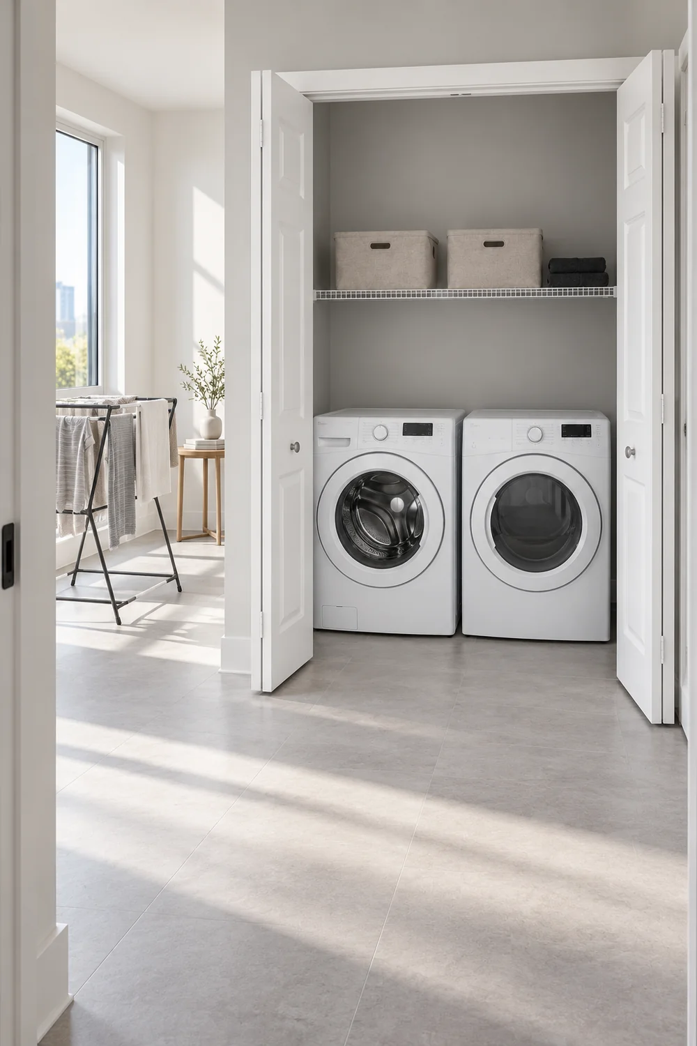 Portable drying rack in a separate bright nook beside an open laundry closet