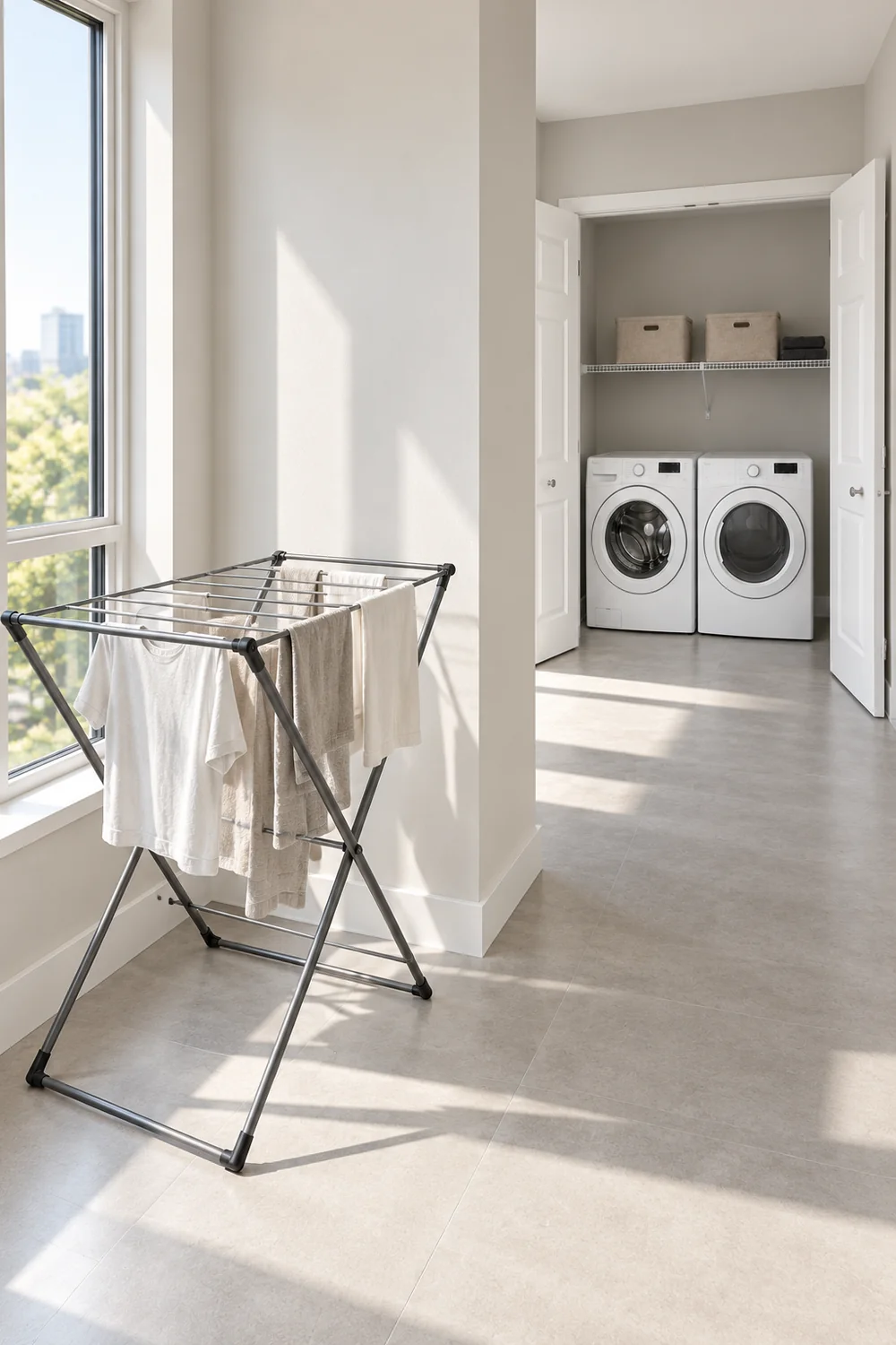 Portable rack with light garments in a bright nook away from the laundry machines