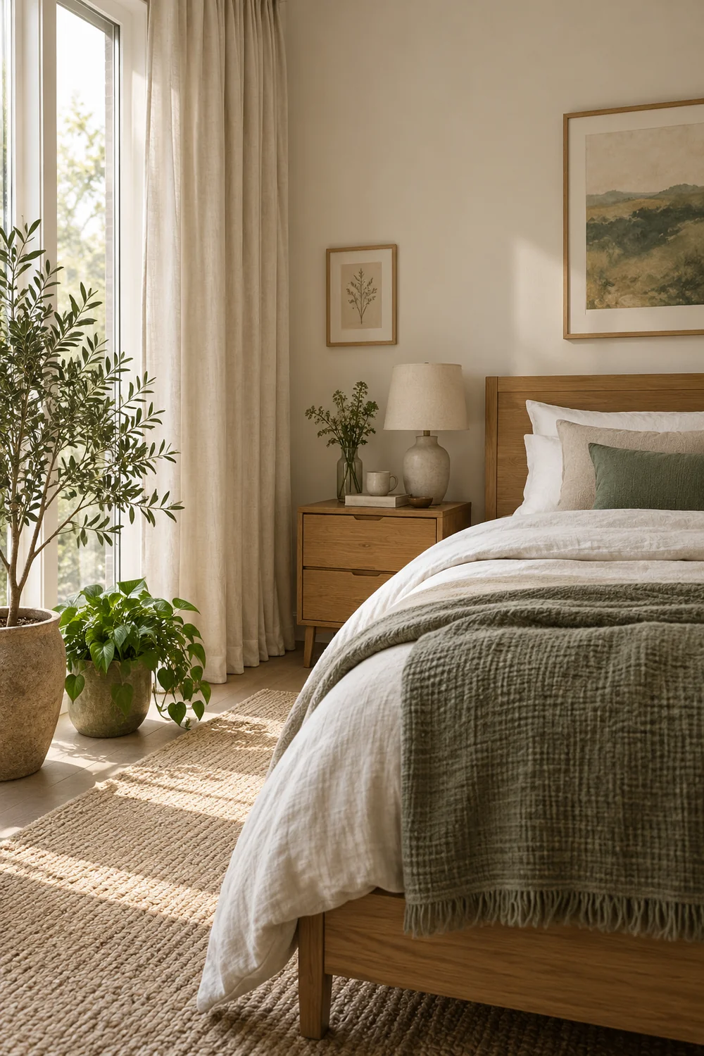 Potted plants beside freely hanging cream curtains in an earthy bedroom