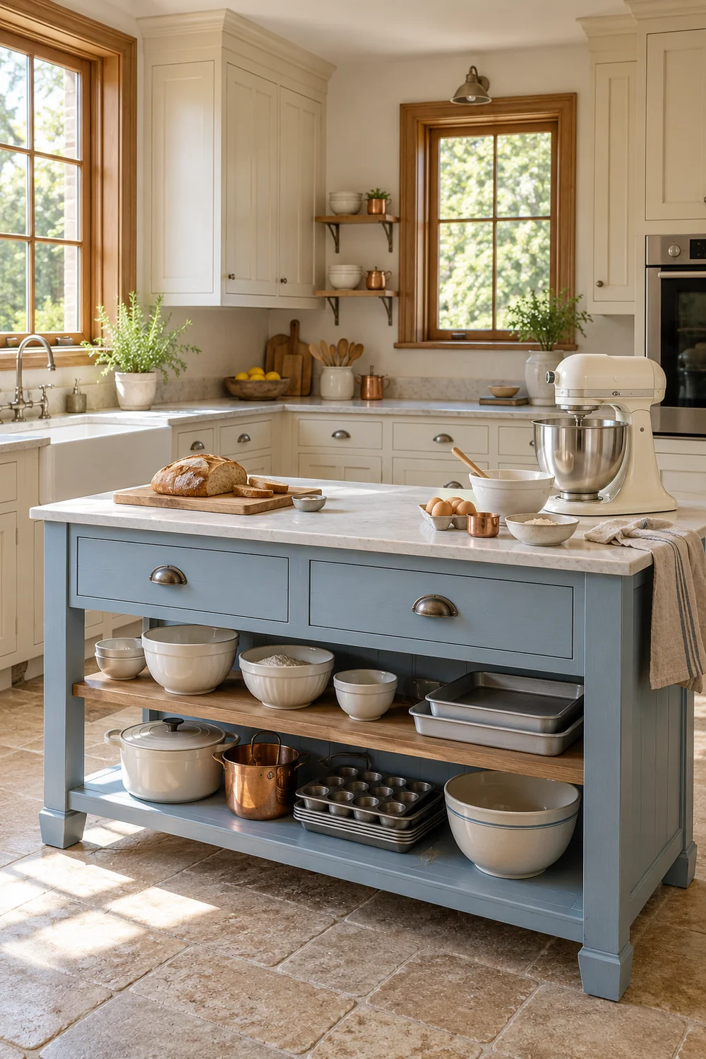 Powder blue baking table with cream mixer bowls and open shelves