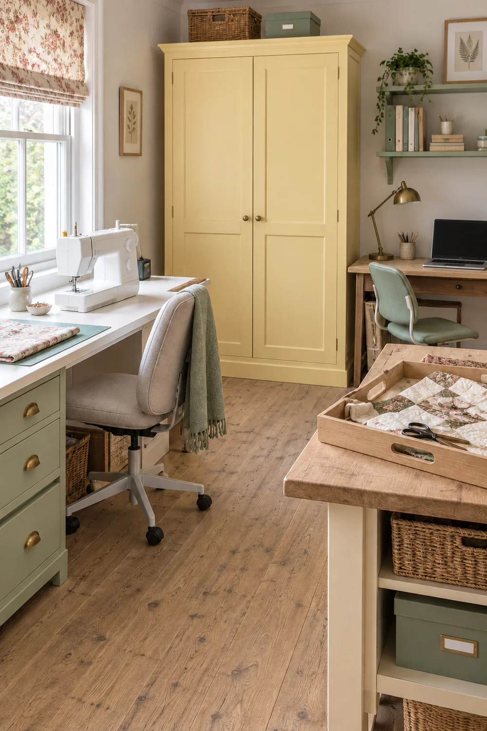 Project tray on a pine table beside separate sewing and computer chairs