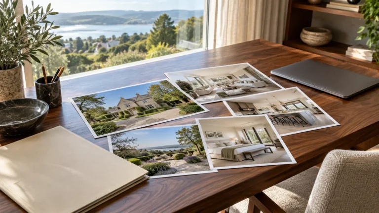 Property photographs and an open notebook beside a closed laptop on a wooden desk