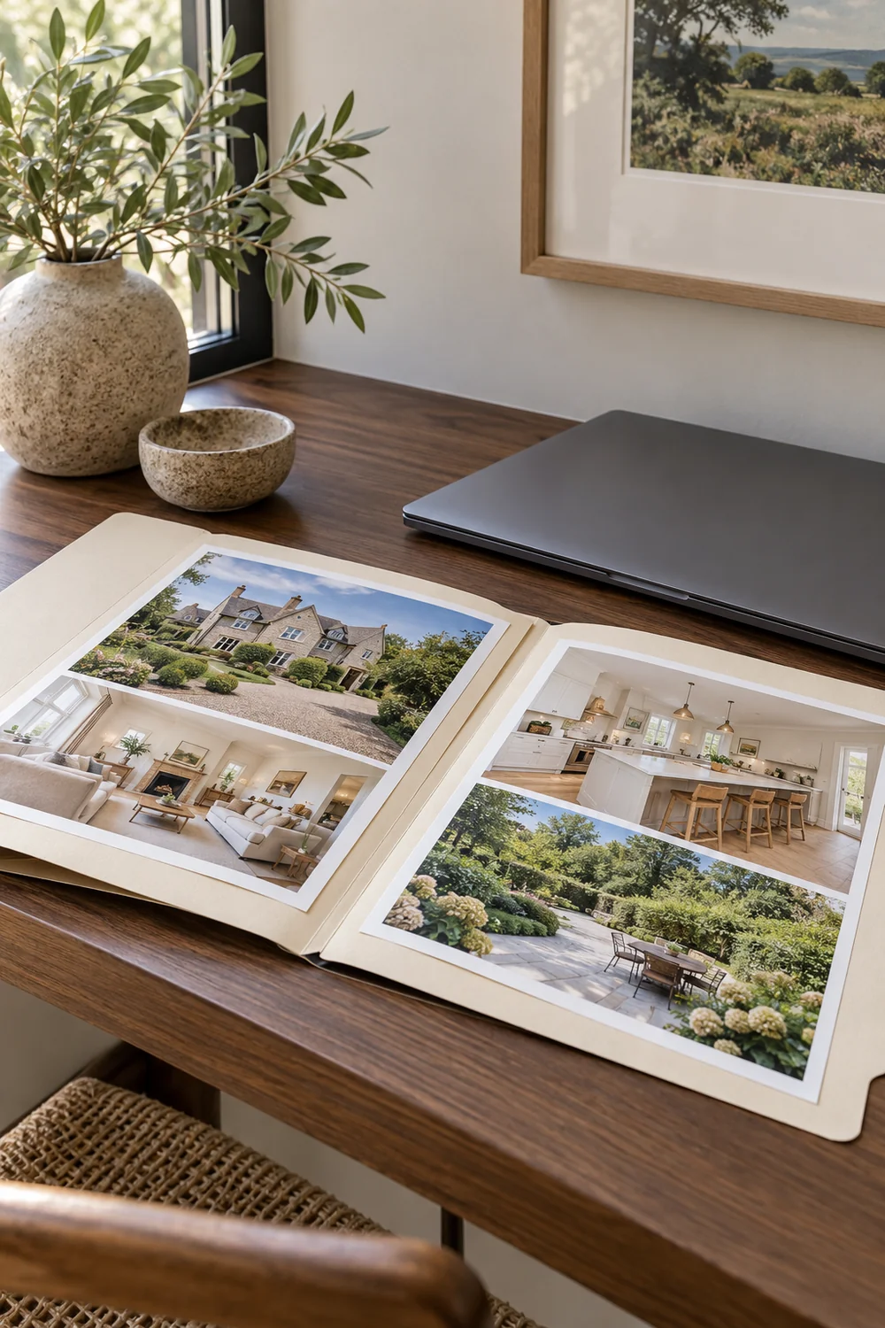 Property photographs beside a closed laptop on a wooden table