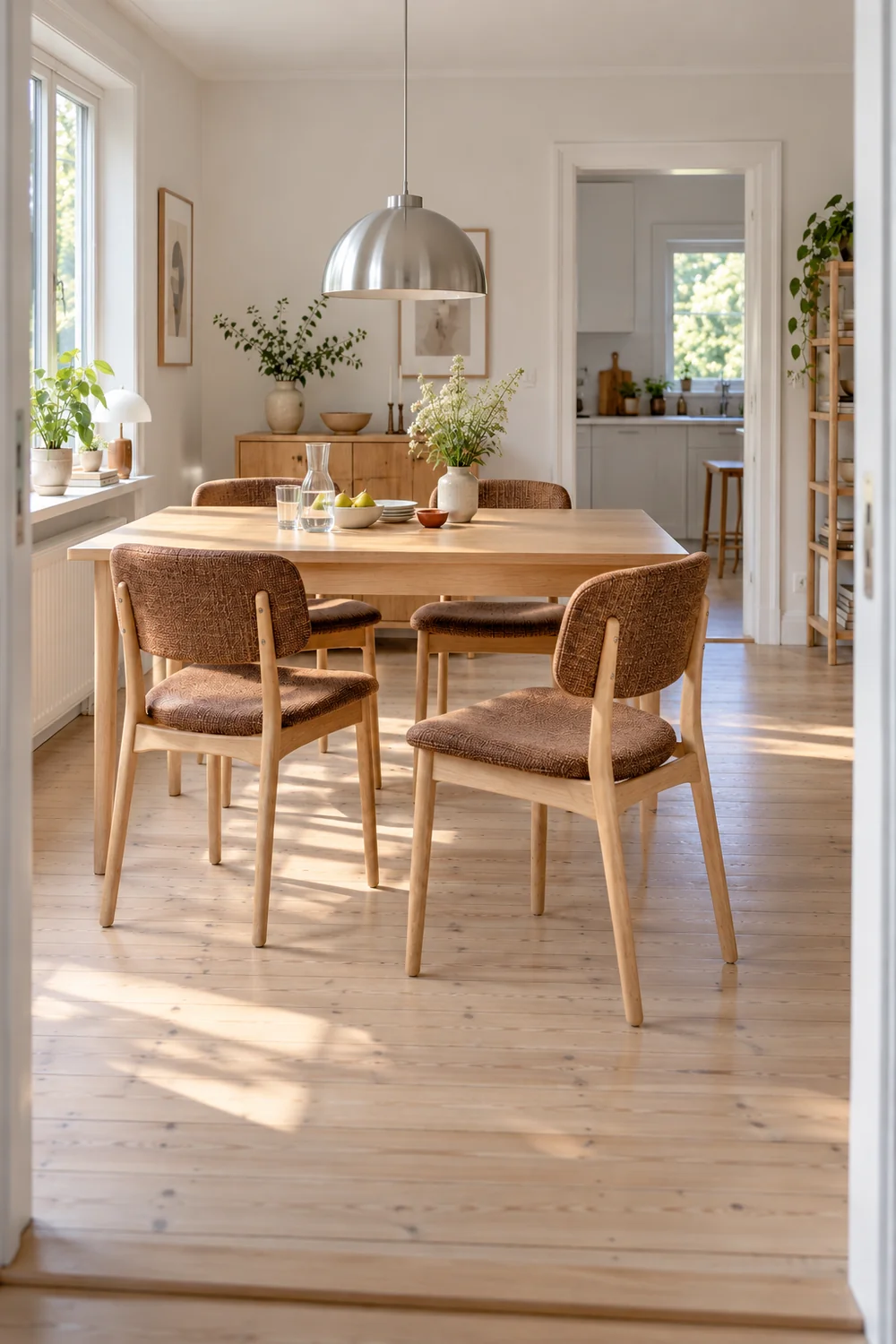 Pulled out tobacco dining chair with an open route beside the table towards the kitchen