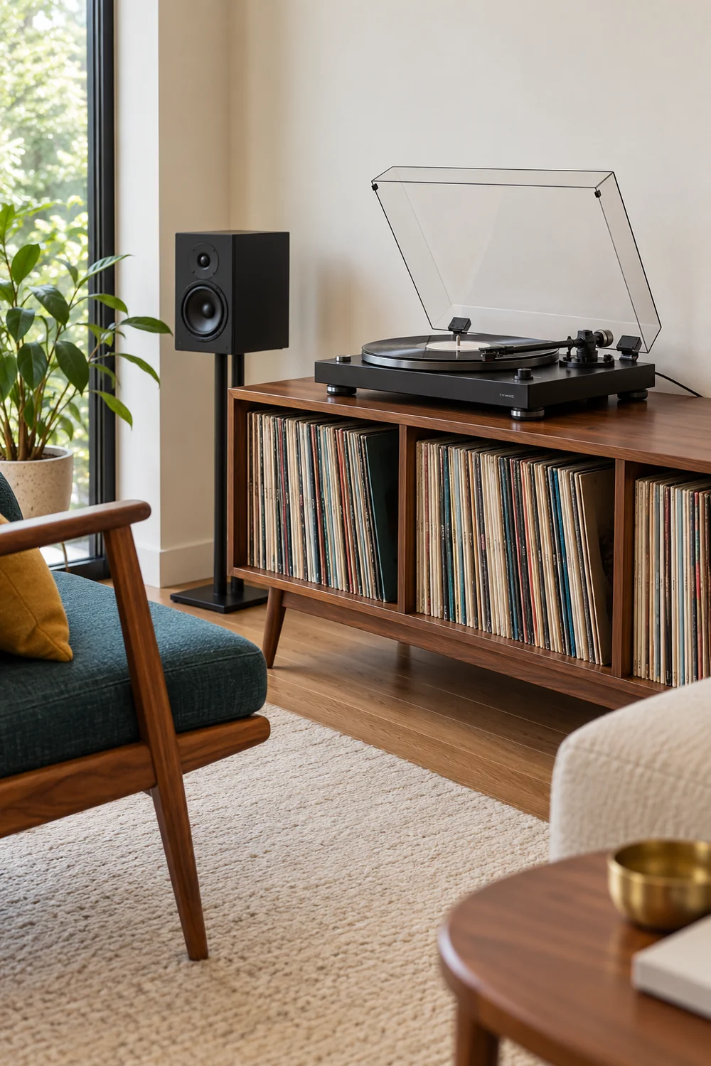 Raised clear turntable cover above a walnut record cabinet