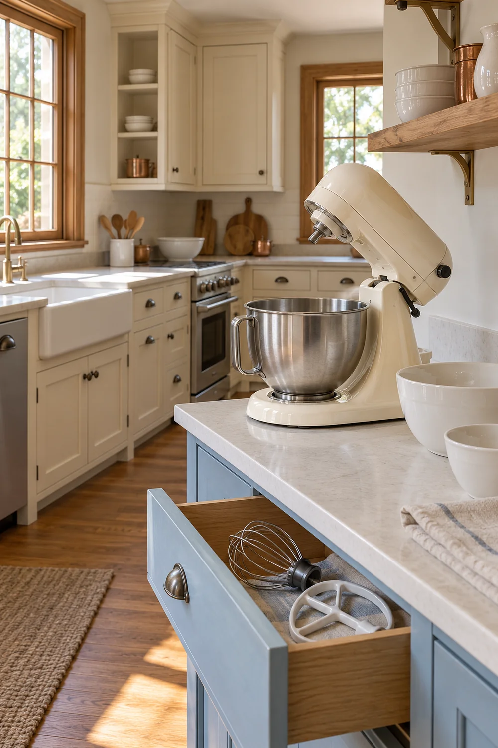 Raised cream mixer above a blue drawer holding whisk and beater attachments