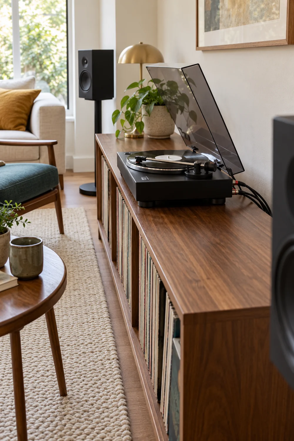 Raised turntable lid and rear cables on a clear walnut surface