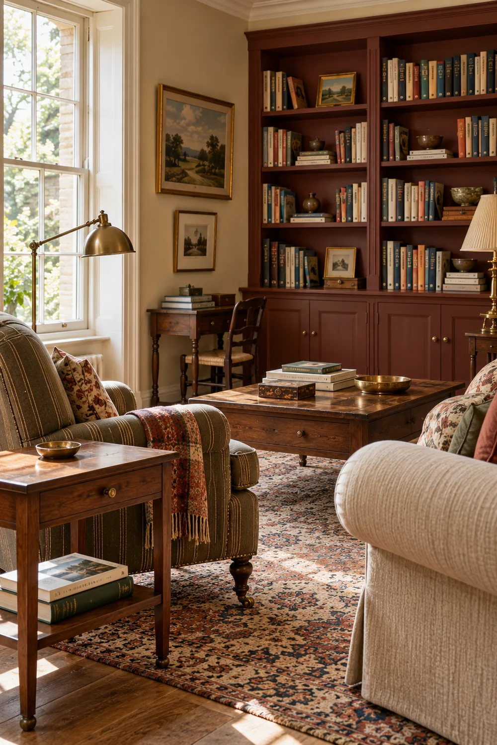Reading chair beside a walnut side table with books stored on its lower shelf