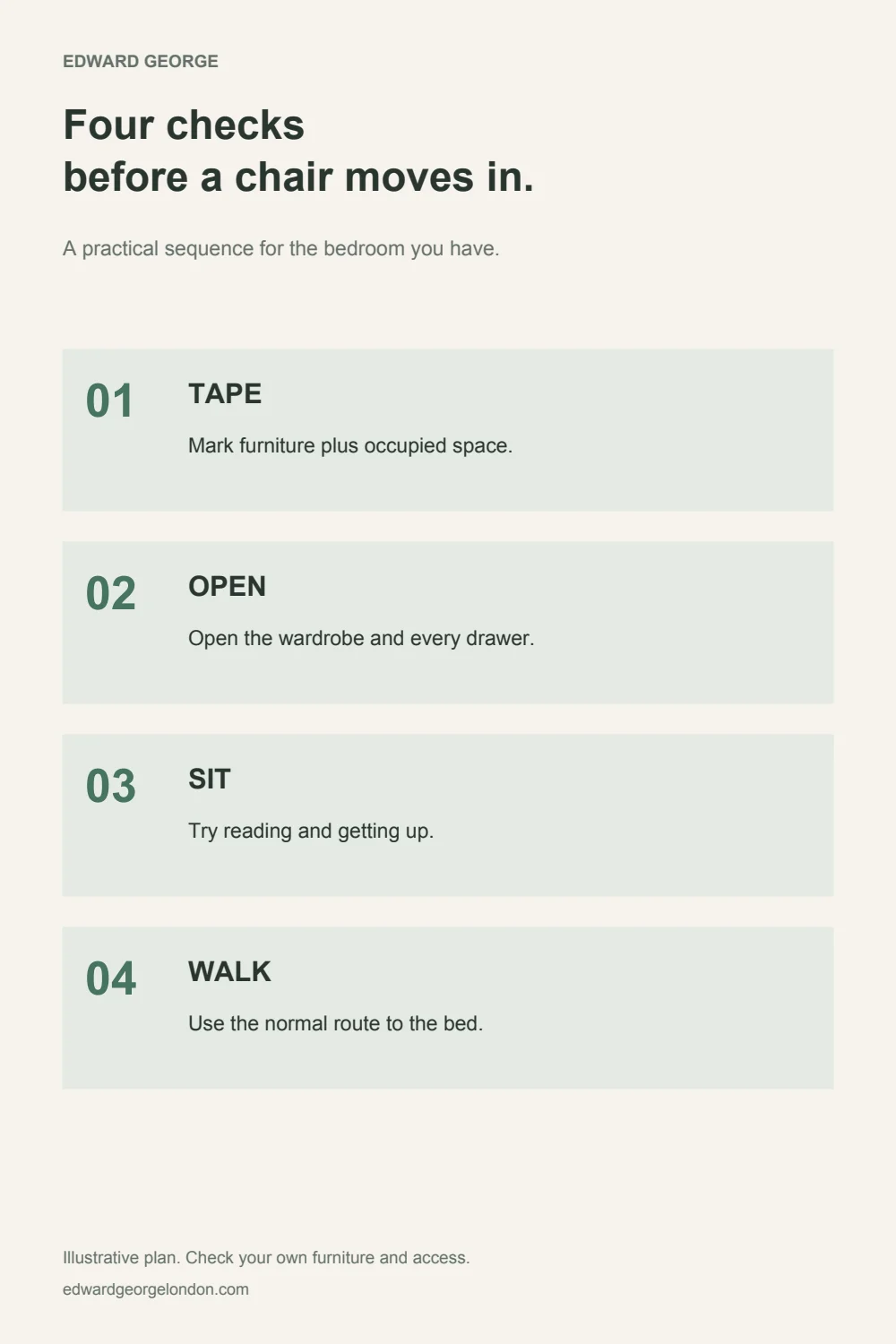 Reading chair fit sequence showing tape open sit and walk checks