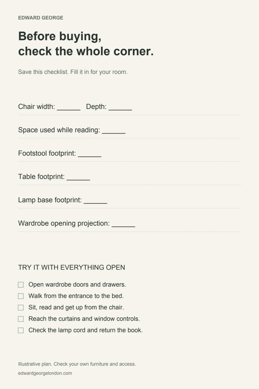 Reading chair fit worksheet with room measurements and access checks