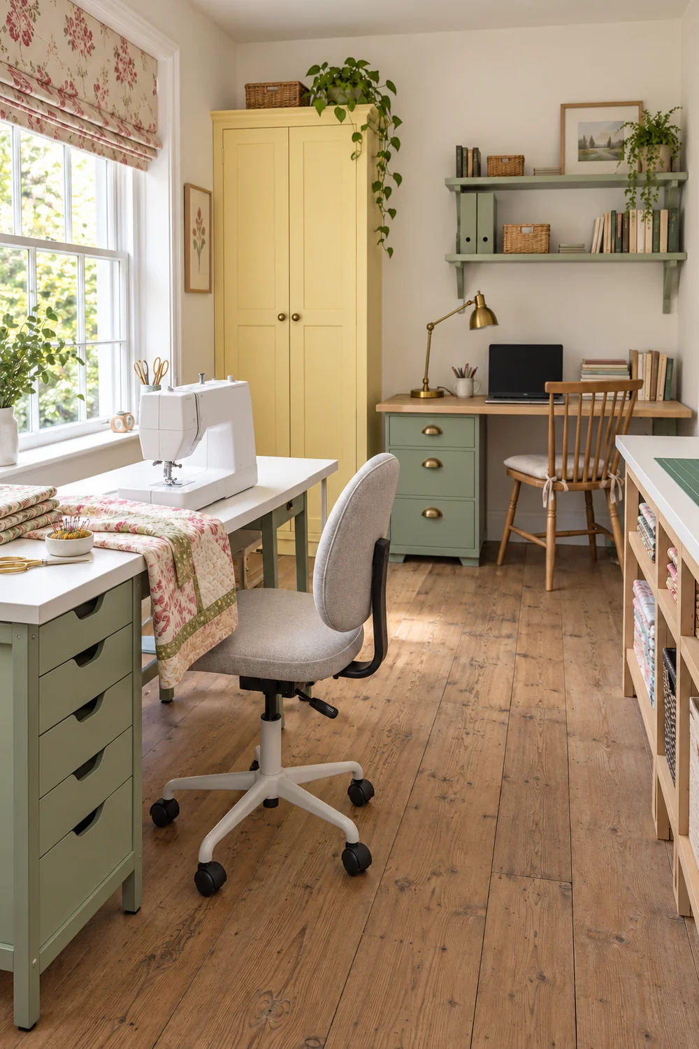 Ready sewing and laptop workstations with chairs tucked into a cottage office