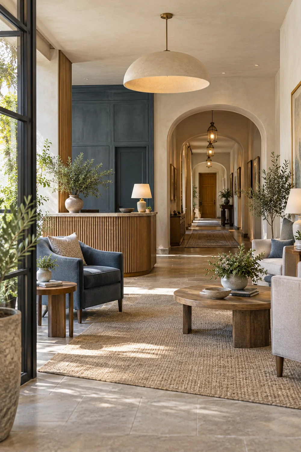 Reception and shared lounge leading into an arched hotel corridor