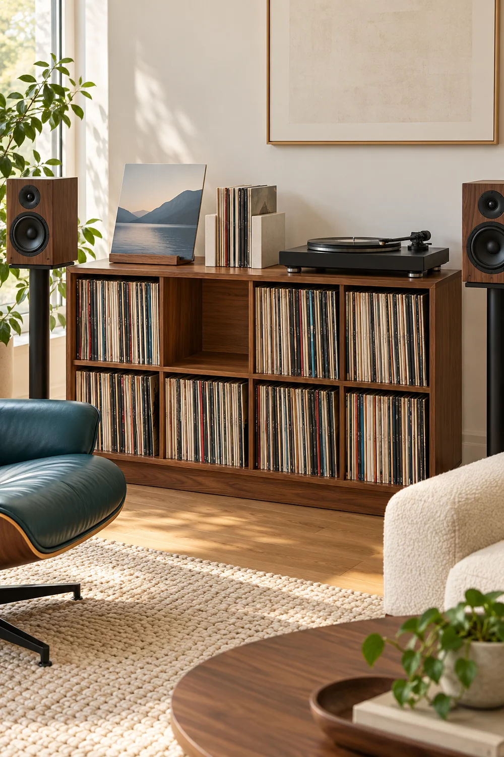 Record cabinet with an empty compartment and supported sleeves beside the player