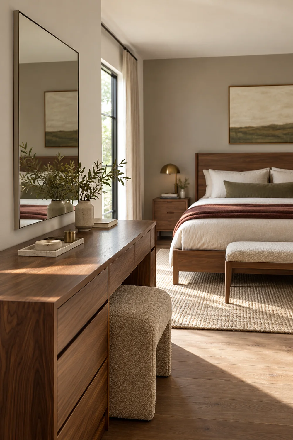 Rectangular mirror aligned with walnut bed and dressing table