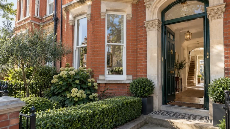 Red brick townhouse entrance with a dark green door and stone surround
