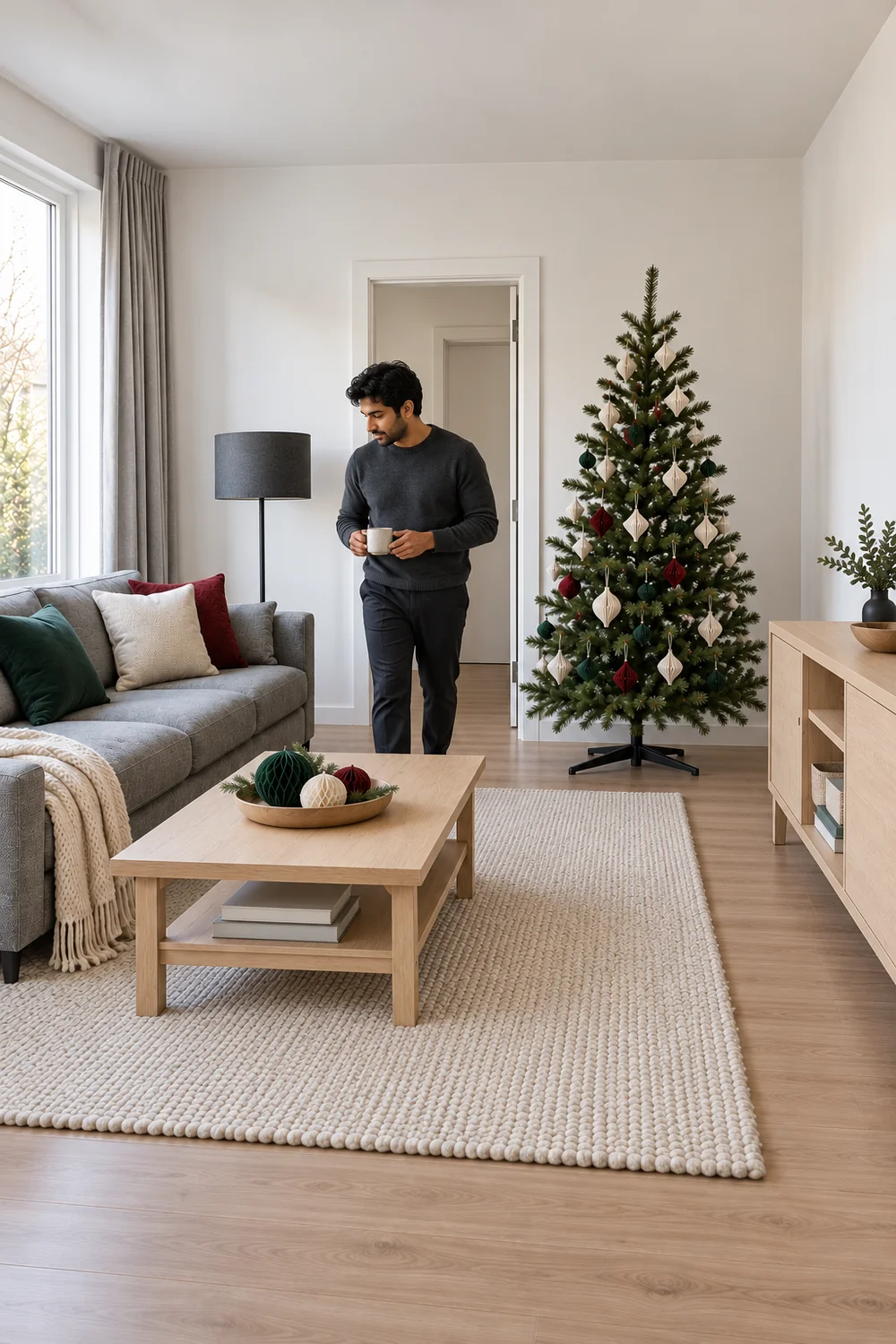 Resident carrying a ceramic cup through a grey Christmas living room