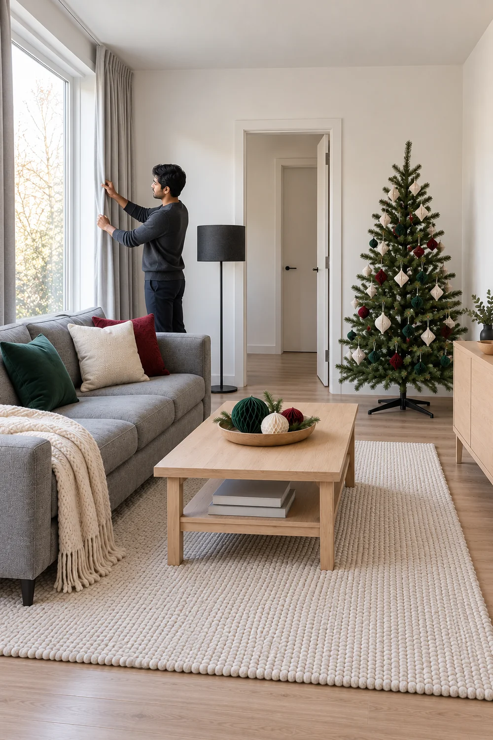 Resident opening grey curtains while the Christmas tree stays across the room