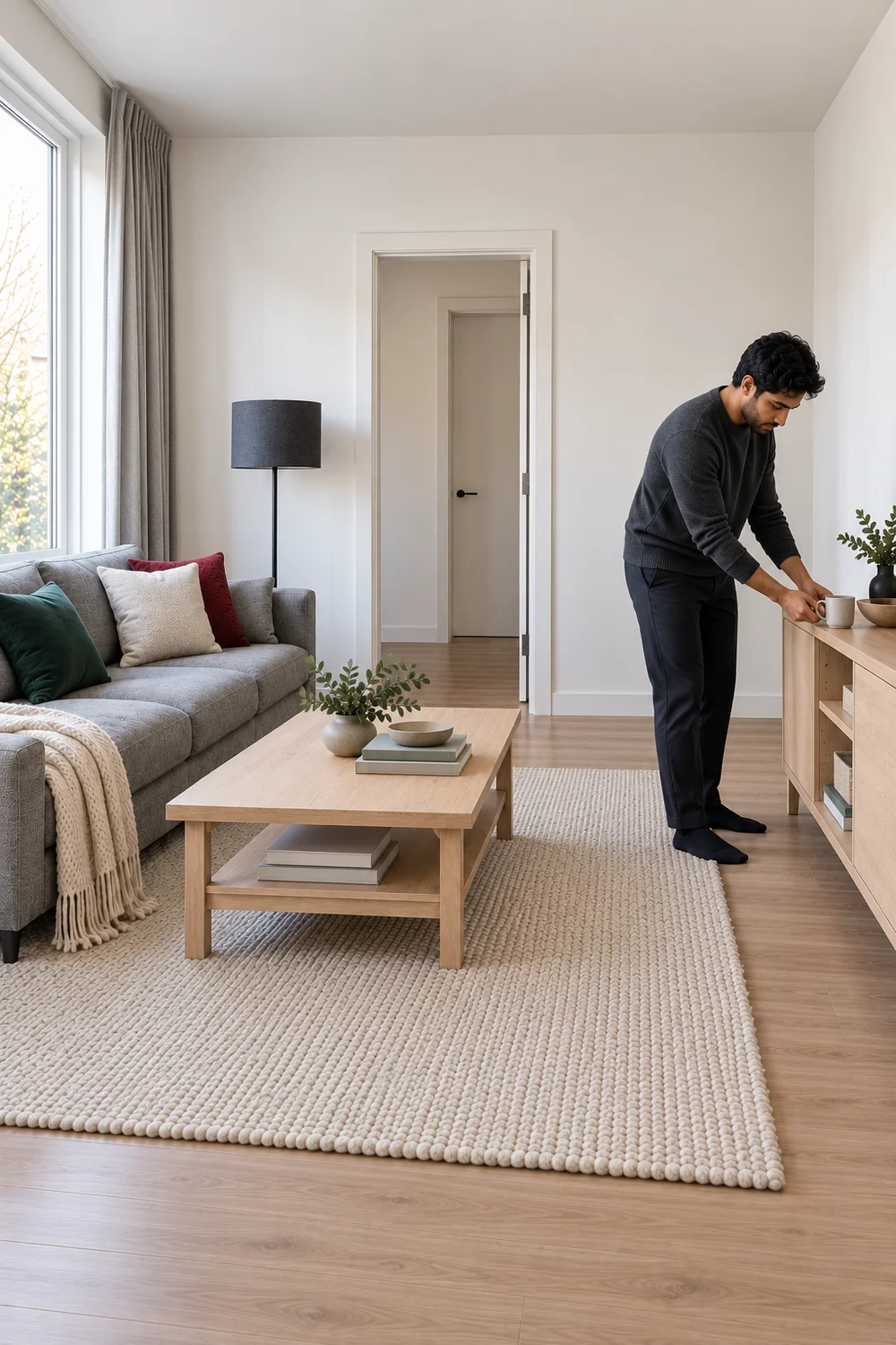 Resident placing a ceramic cup in a cleared grey living room