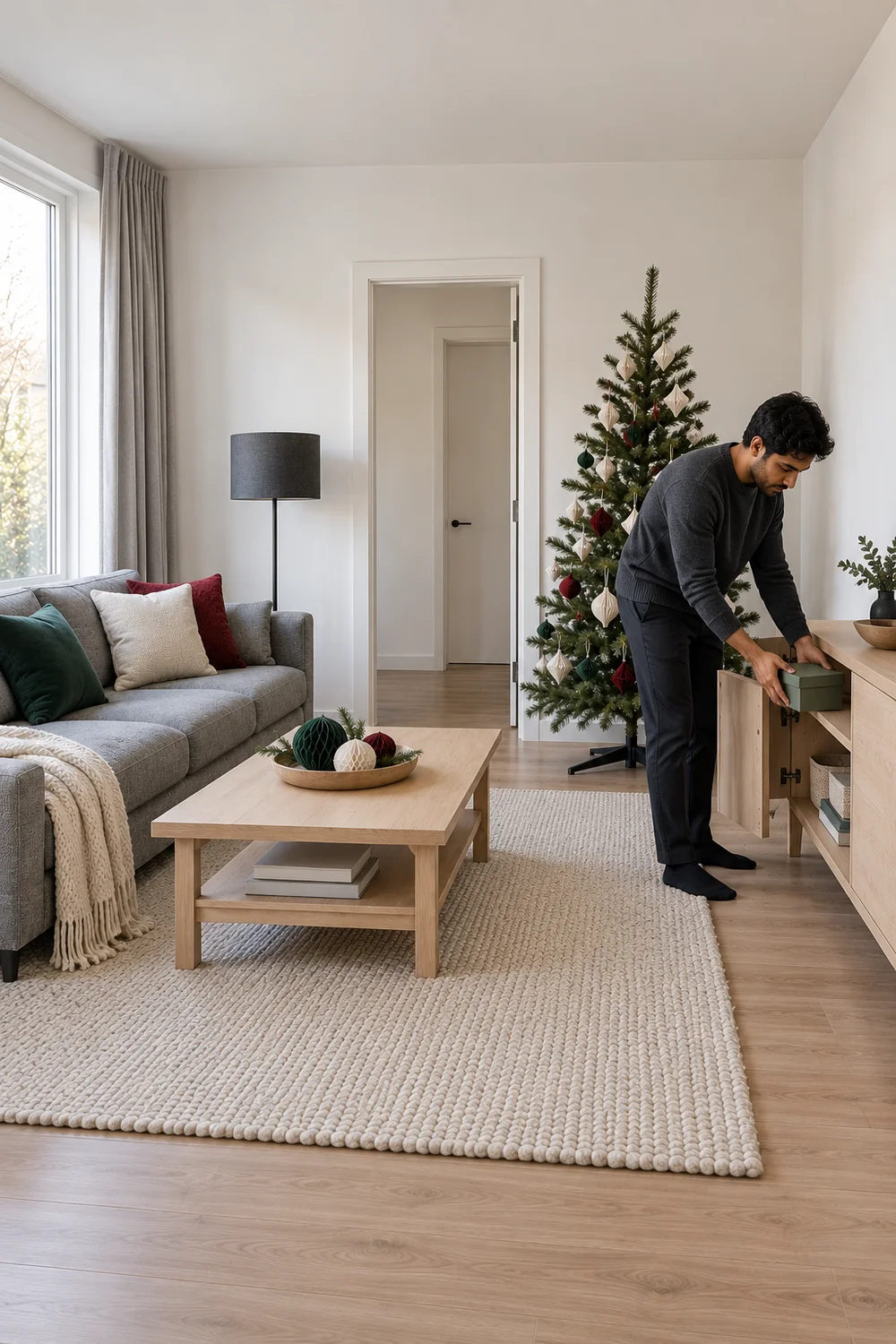 Resident placing a small green box inside an open ash cupboard