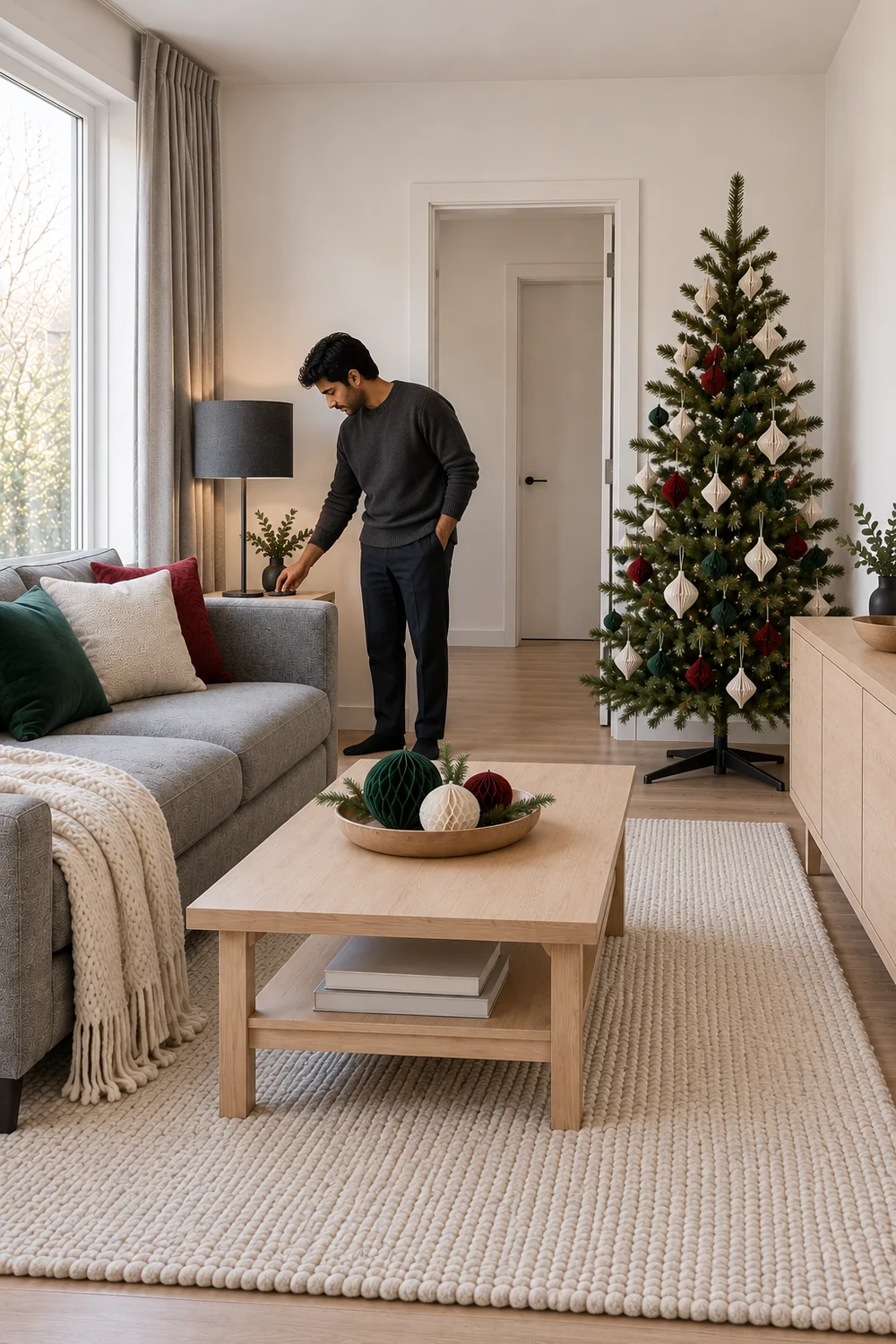 Resident reaching for a side table control beside a decorated Christmas tree