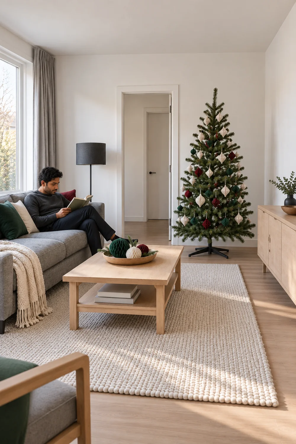 Resident reading beside a Christmas tree in a bright grey living room