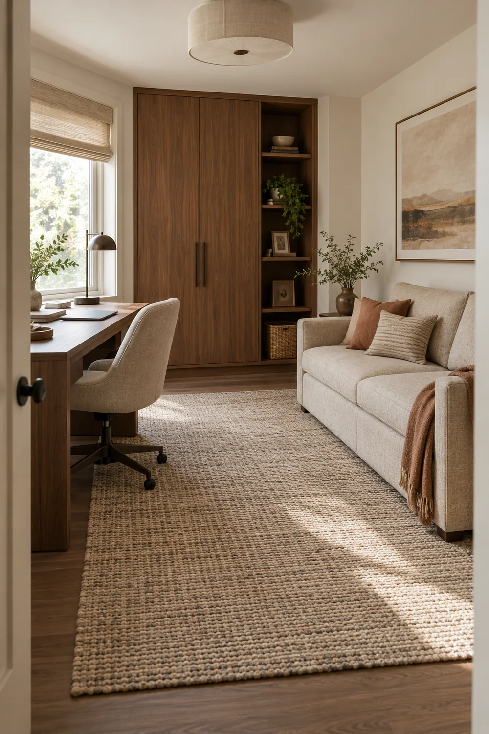 Restored guest office with walnut desk oatmeal sofa and closed timber storage