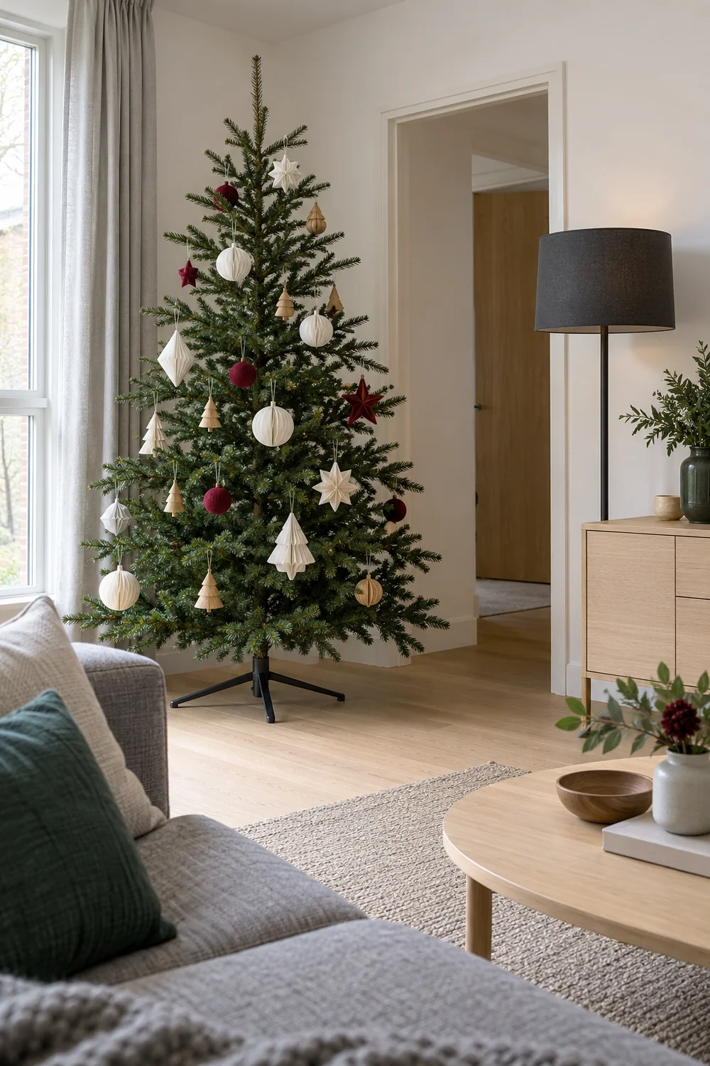 Restrained paper timber and oxblood ornaments on a tree beside grey seating