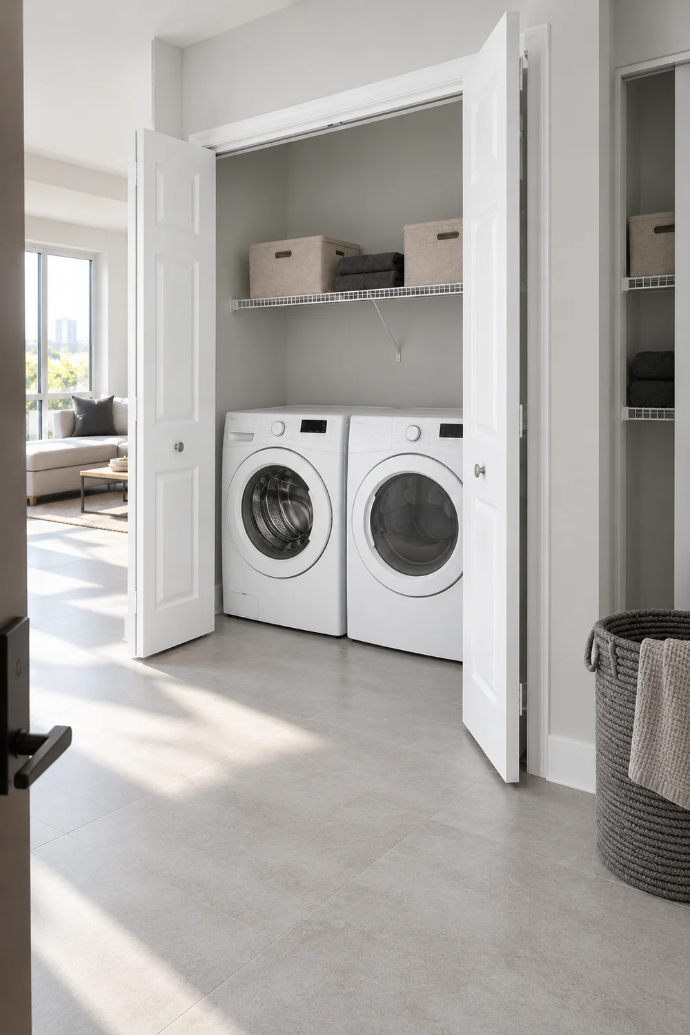 Retained white laundry closet with an open approach and separate linen storage beside it