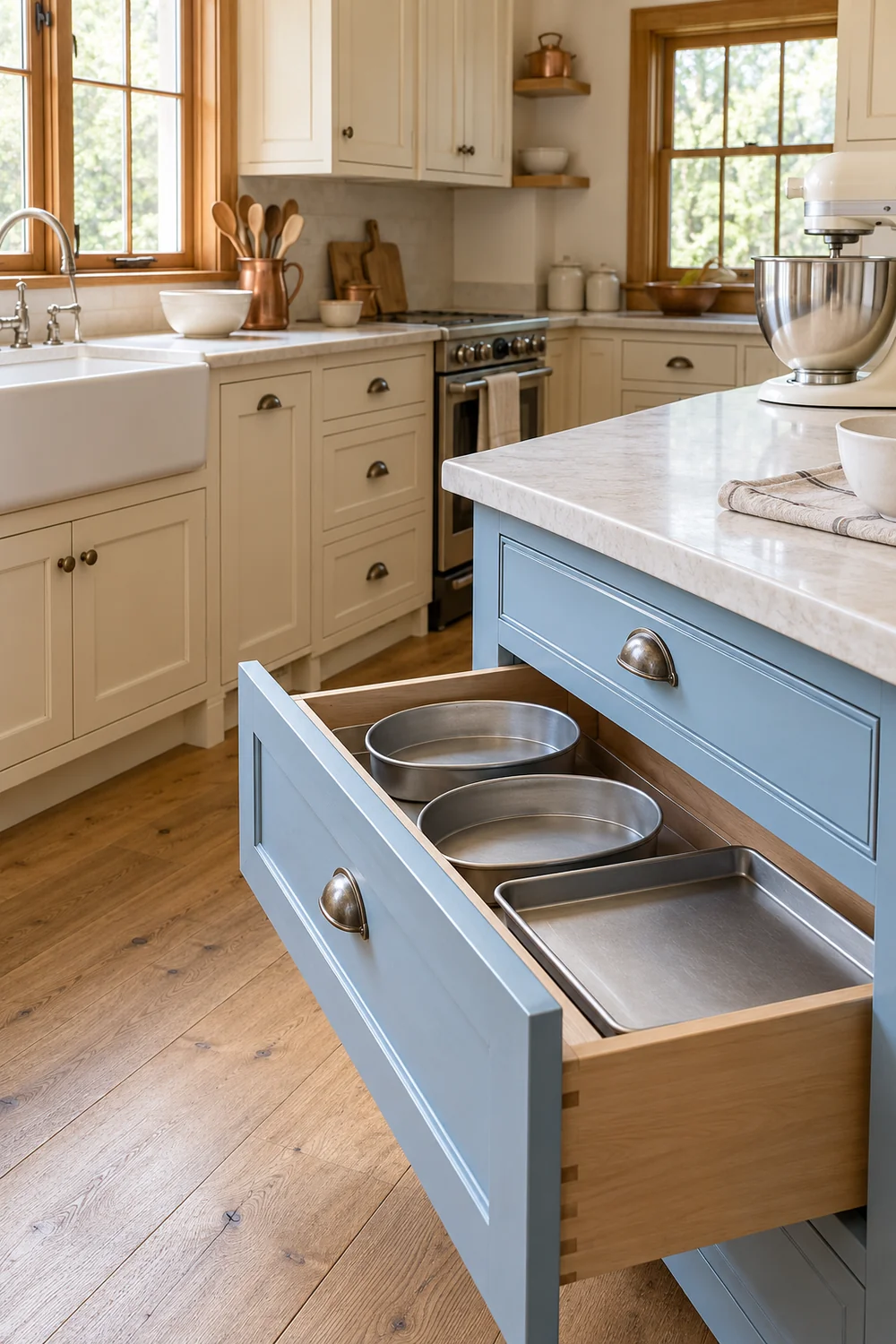 Round tins and a rectangular baking tray inside an open blue drawer