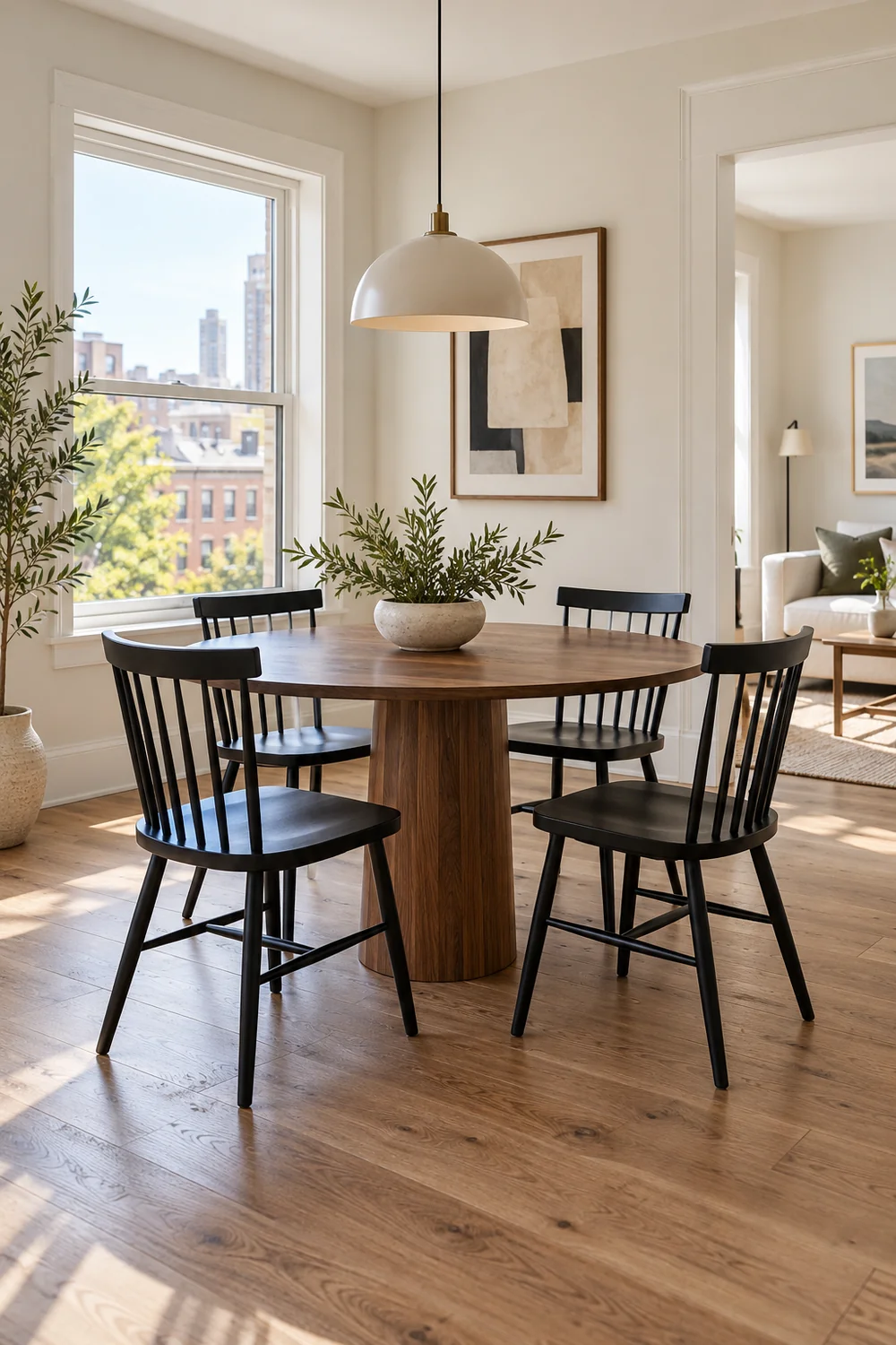 Round walnut dining table with four black chairs and surrounding floor space