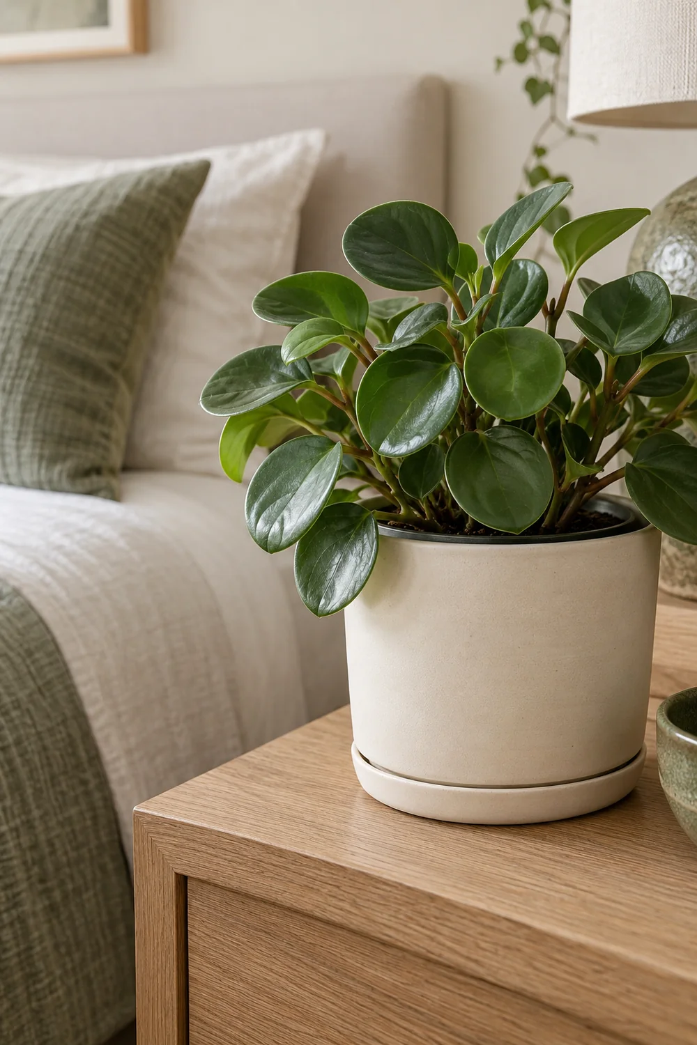 Rounded glossy green plant in a cream ceramic pot beside pale bedroom linen