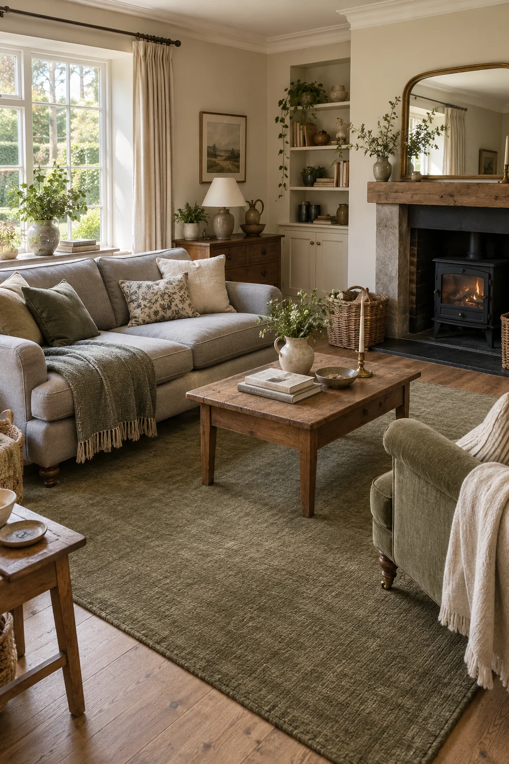 Rug connecting a grey sofa and chair around a wooden coffee table