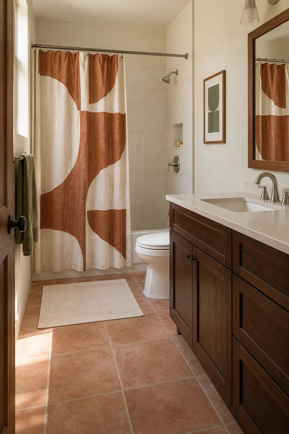 Rust and chalk patterned shower curtain beside a quiet walnut vanity