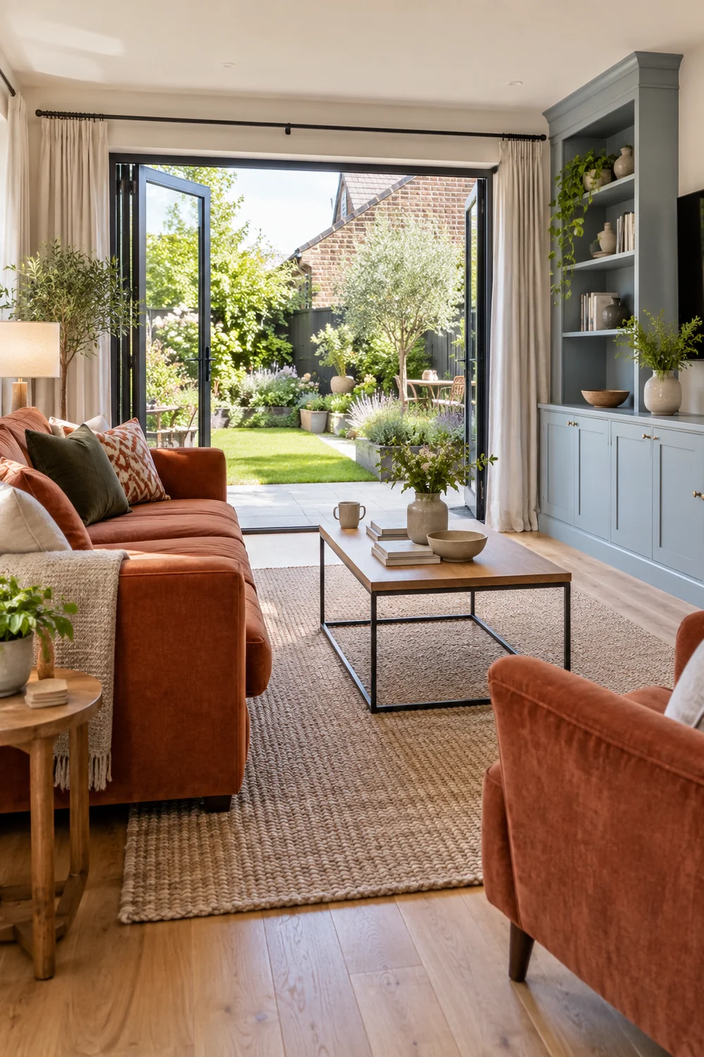 Rust sofa and blue cabinetry beside open garden doors