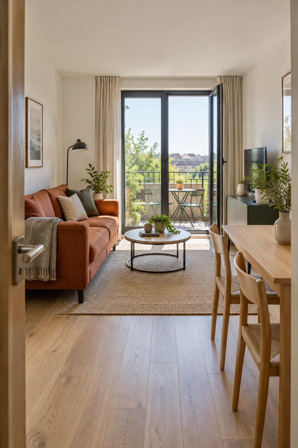 Rust sofa and dining table beside an apartment balcony door